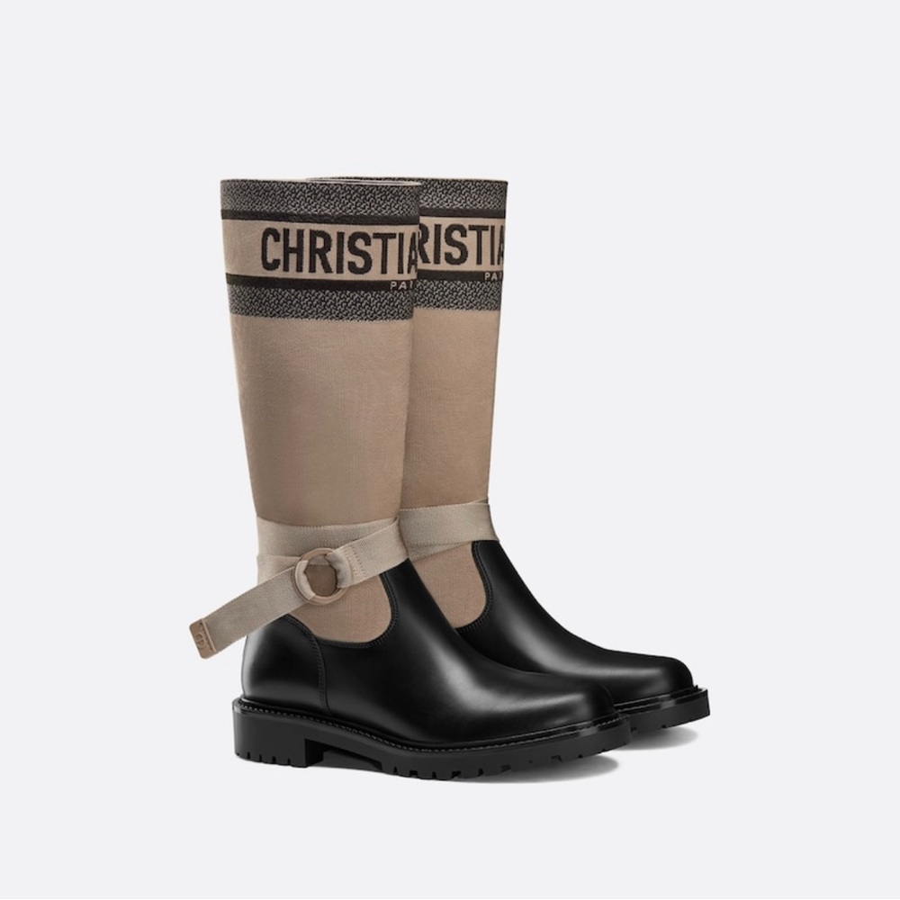 Tan and Black Winter Boots with Knit Upper and Ankle Strap